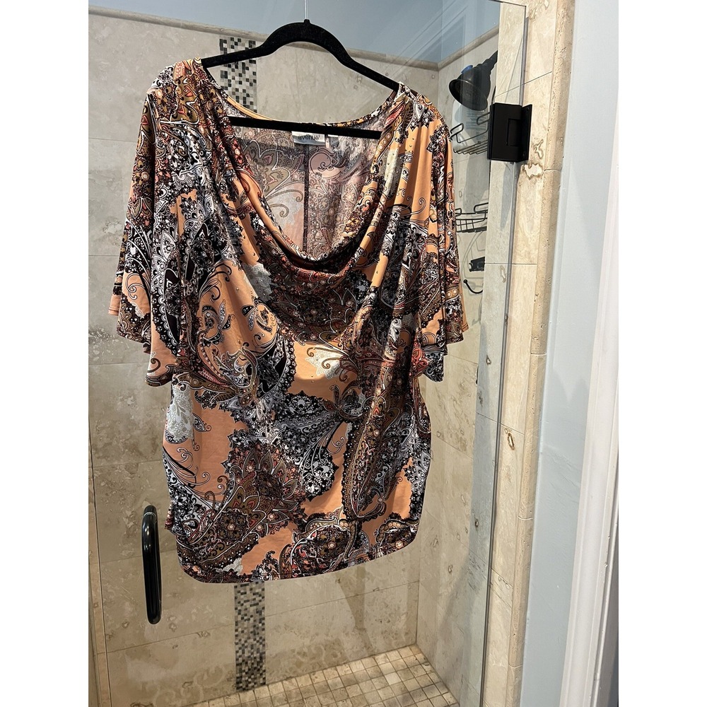 Avenue Womens Plus Size 22 24 Paisley Cowl Neck Top Peach Brown Gold Studs